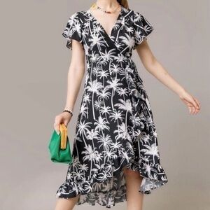 Francesca’s Blue Rain Black white Maddie Palm Tree belt Wrap Midi Dress Size M